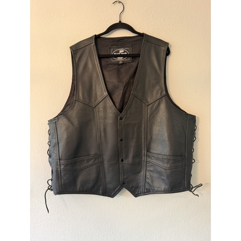 River Road Leather Vest Mens Size 56 Black Motorcycle Biker Side Laces Snaps